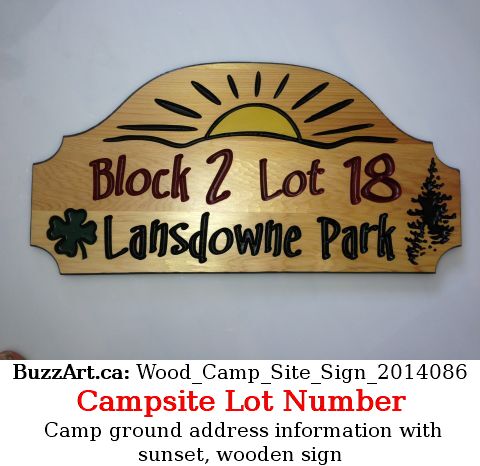Camp ground address information with sunset, wooden sign